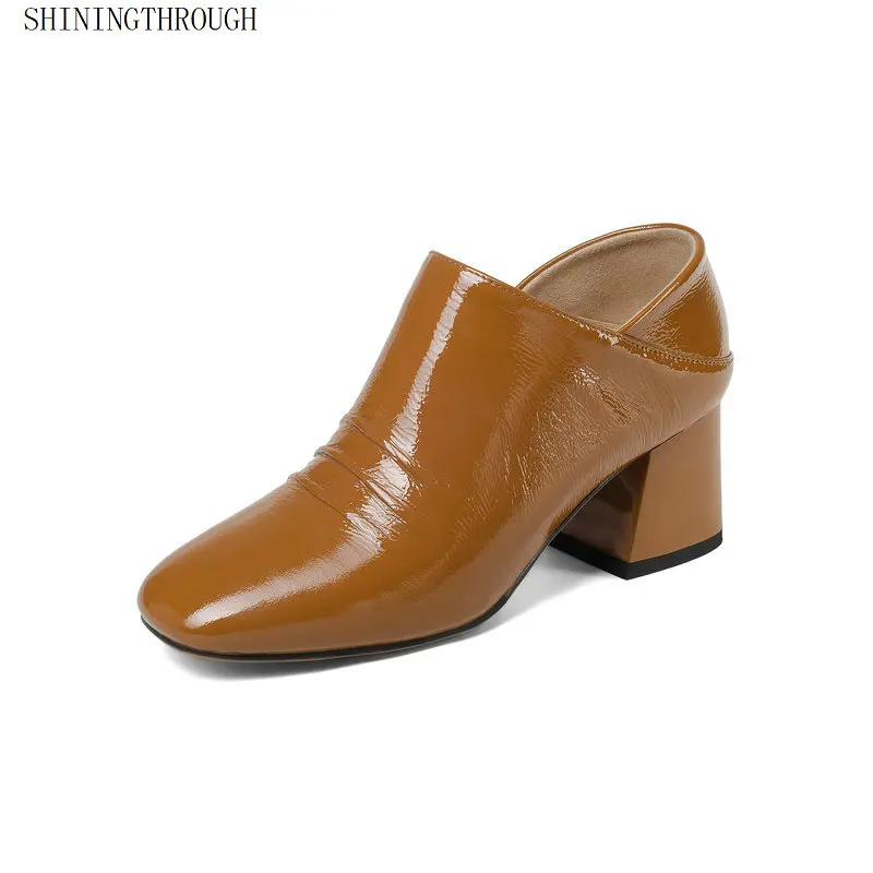 

women's shoes spring autumn 2019 new women's fashion square Toe simple 6cm thick high heels leather shoes size 41
