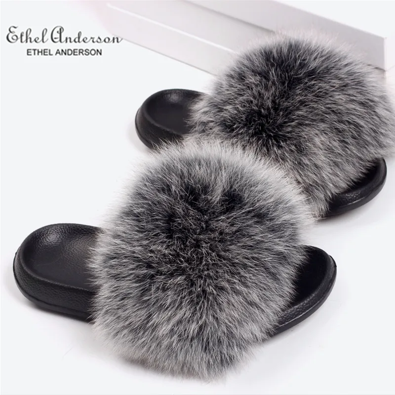 

Ethel Anderson Real Fox Fur Slippers Slides Just Arrival Flip Flops Summer Fluffy Fur Sandals Flat Shoes