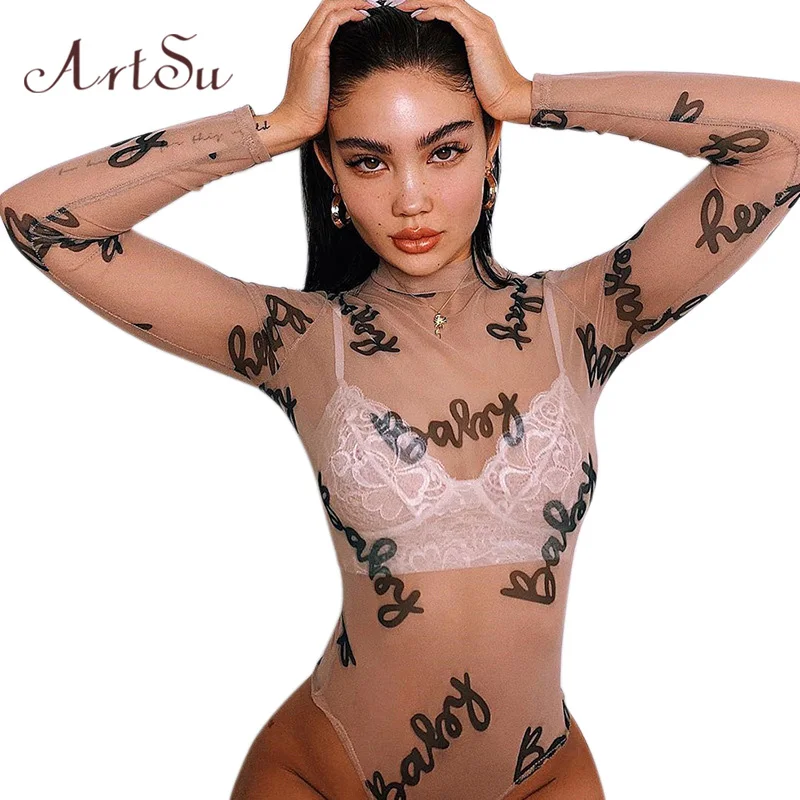 

ArtSu Women Sexy Bodysuit Mesh Letter Print Long Sleeve Bodycon Female Catsuit Party Body Romper New Bodysuits ASJU41125