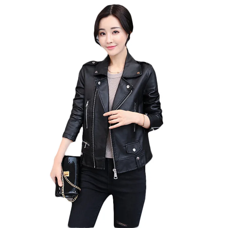 

2019 Autumn Motorcycle Leather Women's Short Jacket Casual Slim Korean Spring Plus Size PU Leather Jackets Coats Outerwear v772