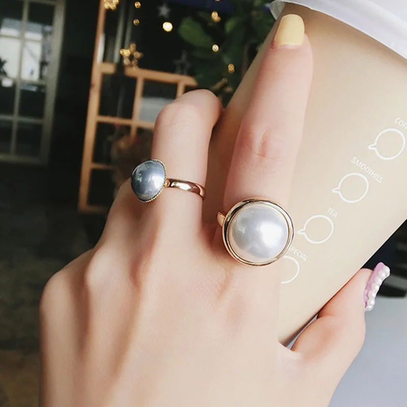 

2pcs Fashion Big Imitation Pearl Index Finger Rings for Women Simple Gold Color Adjustable Joint Rings Set Party Jewelry ER282