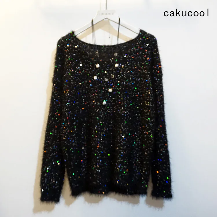 

Cakucool Women Sequined Knit Tops Long Sleeve Jumpers Beading O-neck Casual Loose Embellish Sweaters Knit Pullover Lady Black