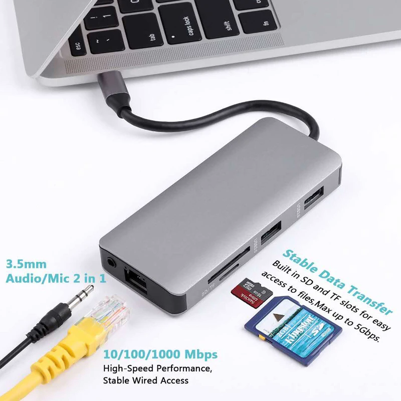  6in 1 USB C Laptop Docking Station USB 3.0 HDMI RJ45 Gigabit PD for MacBook Samsung s10+ s10 s9 s8 