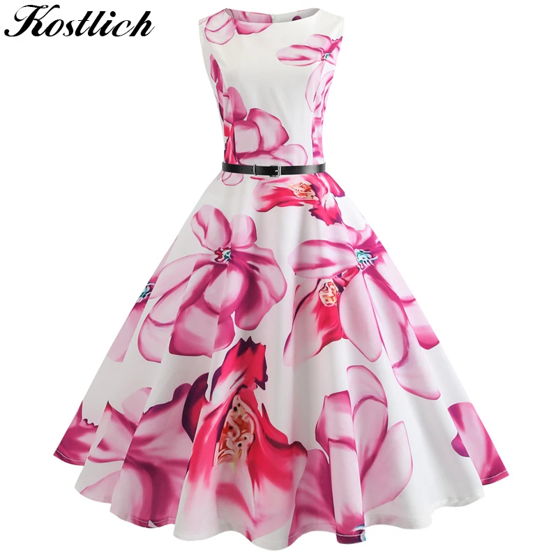 

Kostlich Women O-Neck Flowers Printed Big Swing Dress With Sashes Plus Size Summer Casual Lady Dresses Hepburn Vintage Dress