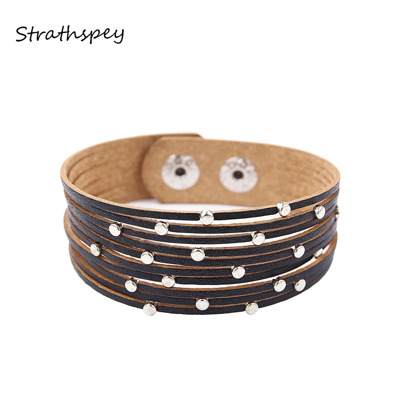 

STRATHSPEY Fashion Hand Chain Women Multi-Layer Genuine Leather Rivet Brecelet Bangle Female Wrap Alloy Buckle Bracelet Jewelry