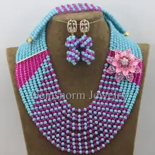 10 слоев хрустальных бусин, ювелирный набор, бирюзовый синий фучсия, Африканский женский нигерийская свадьба, бусы, ювелирный набор,, WA010