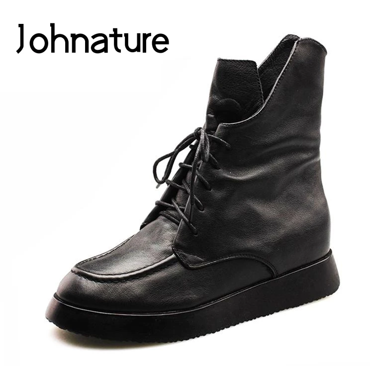 

Johnature Genuine Leather Ankle Boots Lace-up Round Toe 2019 New Winter Solid Color Height Increasing Casual Women Shoes