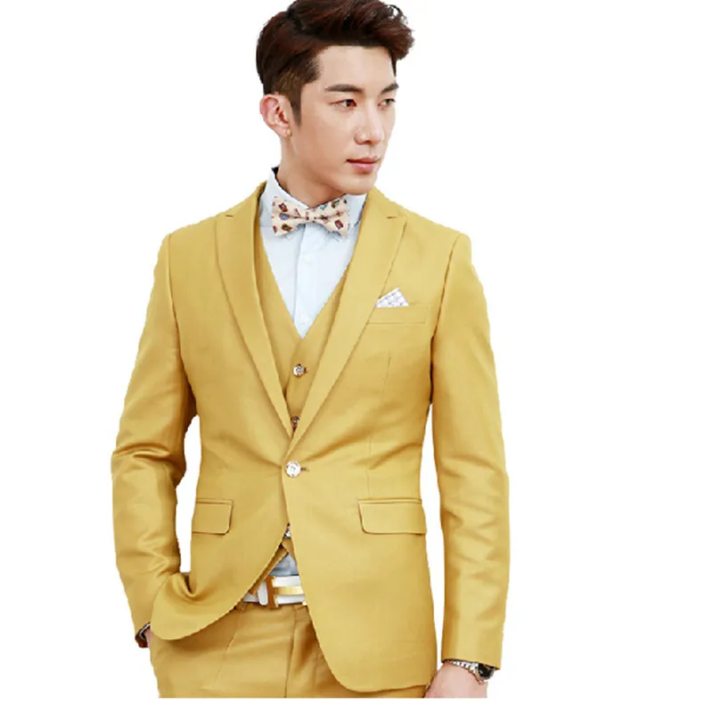 Fashionable men's suit Open back yellow suit leisure three piece suit