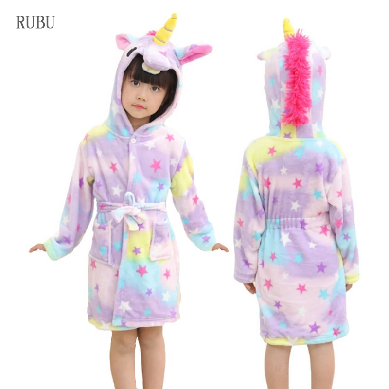 Cartoon Kids Bathrobe Animal Unicorn Bathrobes For Boys Girls Robes Hooded Beach Towel Kids Bath Robes Flannel Children Pajamas
