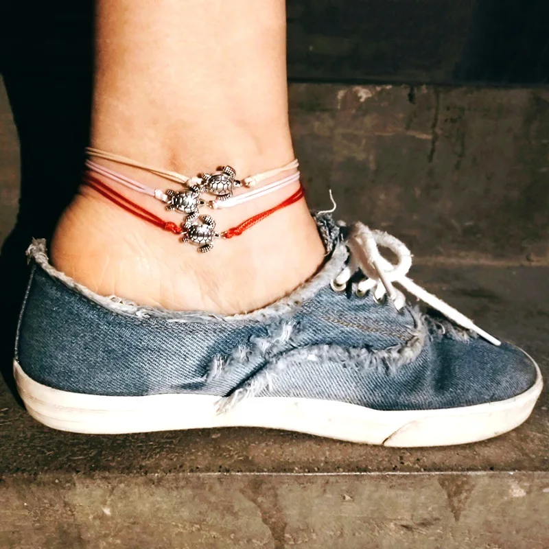 New Woven Red Rope Korean Women's Footchain Couple Anklet New Cute Turtle Anklet Braided Anklet