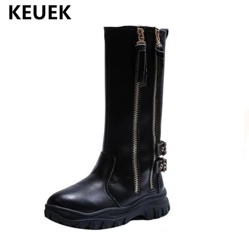 

Girls Boots New Winter Children Shoes Girls Princess Cow Split Leather High Boots Black White Student Kids Snow Boots 04