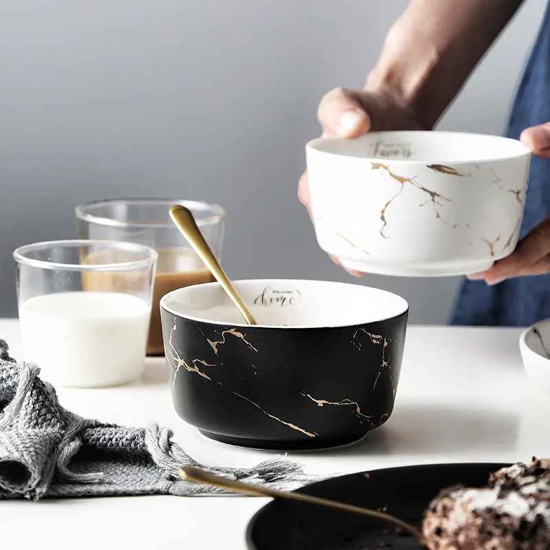 

Europe Marble Dinner Bowl Home Decor Ceramic Hotel Tableware Set Breakfast Noodle Round Soup Porcelain Bowls