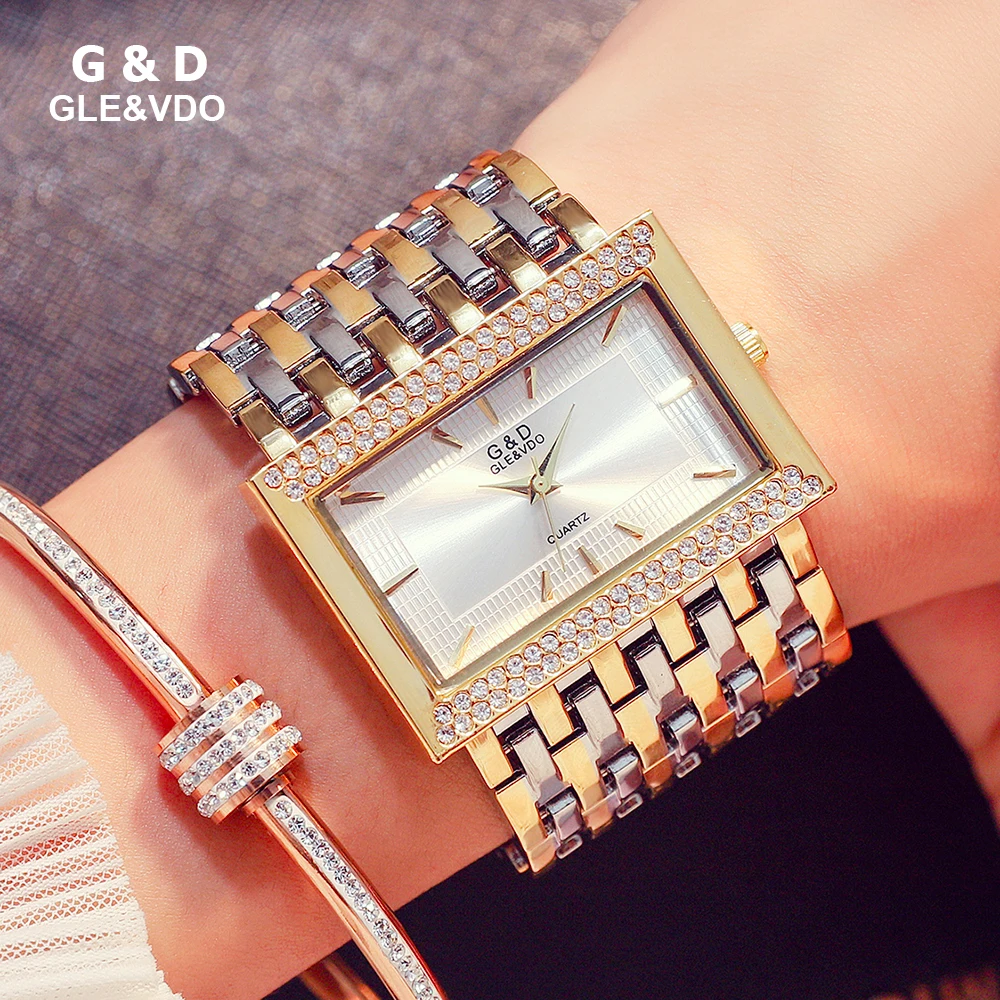 Women Watches Luxury Clock Quartz Golden-Bracelet Rectangle Fashion D-Brand Case Case