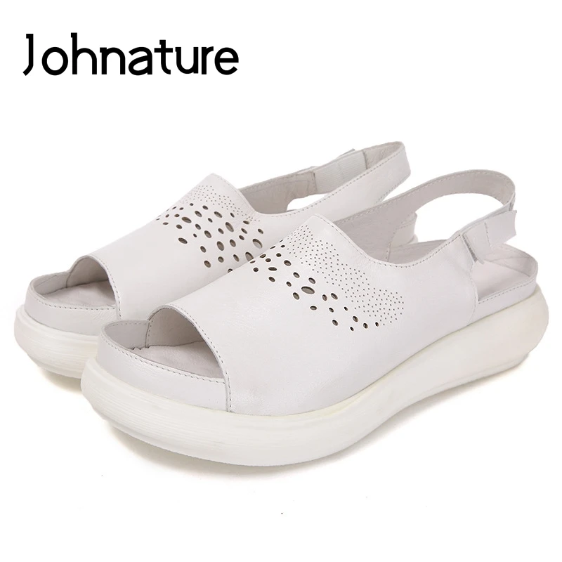 

Johnature 2019 New Summer Genuine Leather Ankle-wrap Casual Solid Retro Comfortable Hollow Wedges Platform Sandals Women Shoes
