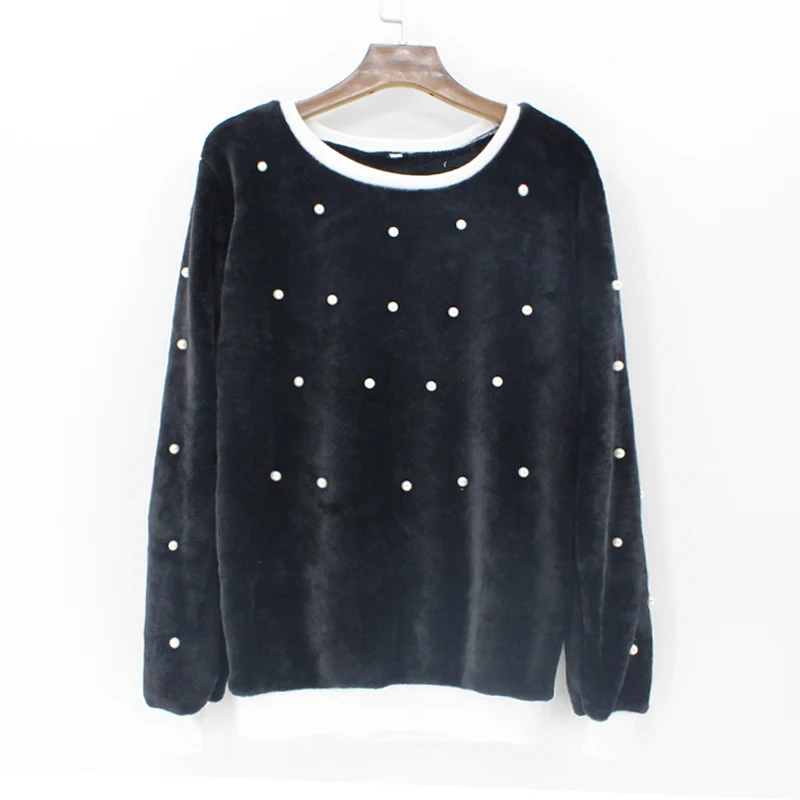

Pearl Beaded Sweatshirt, Fashion Fall Flannel O-Line Pullover, Black Casual/Smart Casual Womenswear