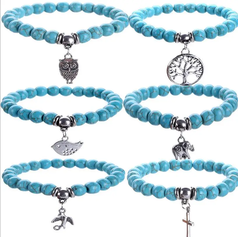 

Natural Howlite Stone Elephant/Owl/life tree/Bird/Cross Charms Bracelet for Women Animal Charm Bracelet Jewelry Wholesale Z233