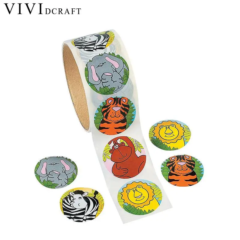 Vividcraft 100 Pcs/roll Kawaii Cartoon Smile Animals Label Sticker Hand Made Stickers Adhesive Printer Paper Custom Stickers