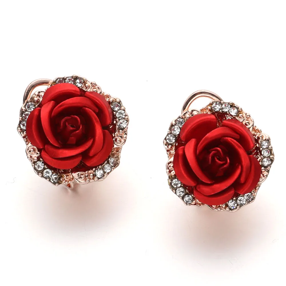 Hot Fashion Red Rose Flower Earring Women Glitter Crystal Metal Alloy