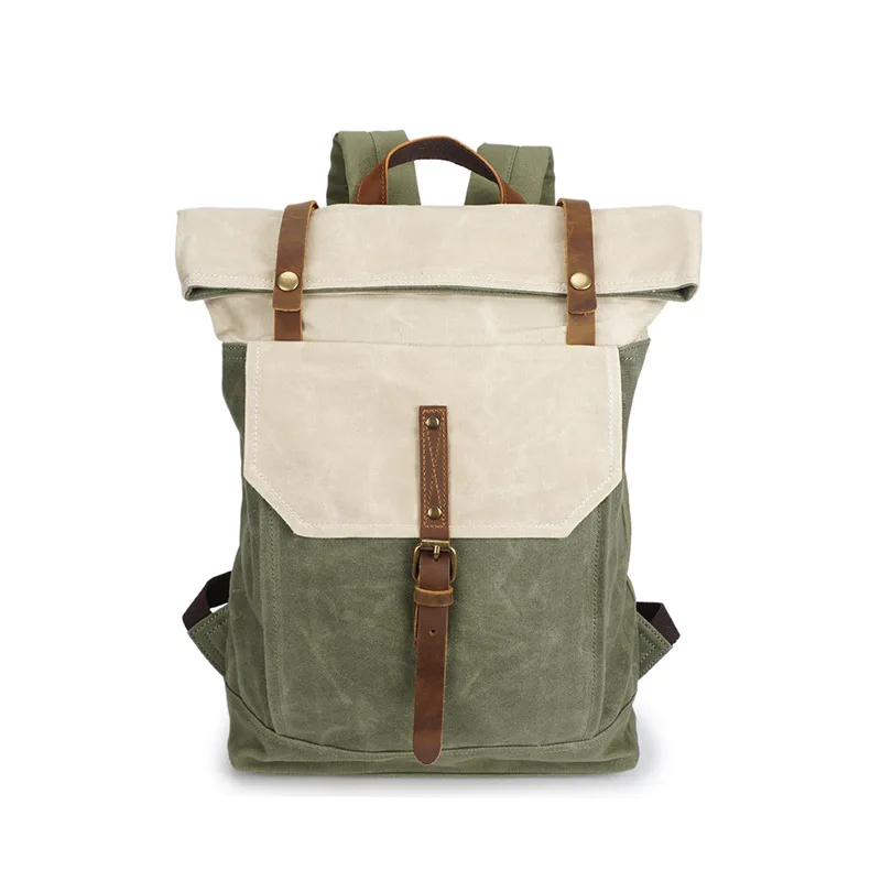 

Mountaineering bag Oil wax canvas travel waterproof canvas Top layer cowhide Backpack Restoring ancient ways