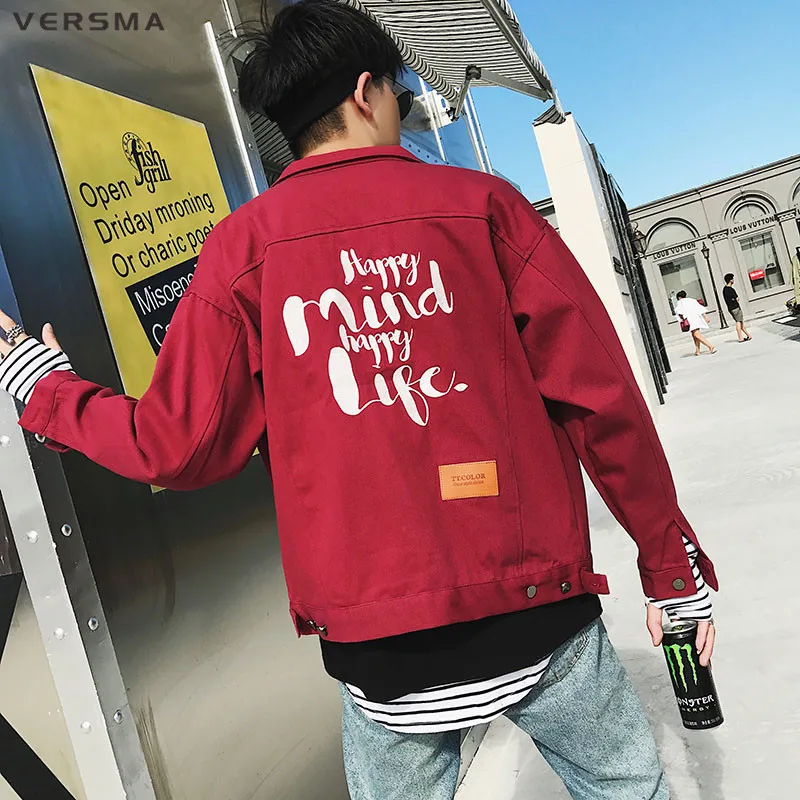 

VERSMA 2017 Autumn Korean Harajuku Letter Embroidery Mens Jackets Coats Hip Hop Loose Oversized Couple Denim Red Jacket Coat Men