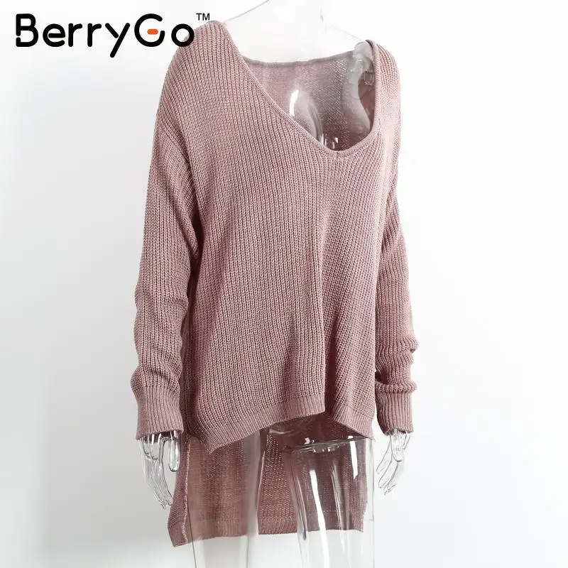 BerryGo Sexy off shoulder oversized knitted sweater Women brand black pullovers knitwear Autumn winter white jumper pull femme