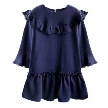 Повседневные синие Хлопковые Платья с оборками и длинными рукавами для девочек-подростков возрастом от 4 до 14 лет Детское модное расклешенное платье на осень и зиму