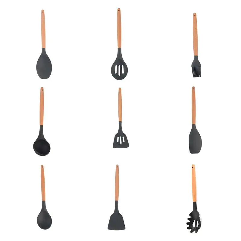 

Silicone Kitchenware Set Wooden Storage Tube Furniture Kitchen Utensils Spatula Soup Spoon