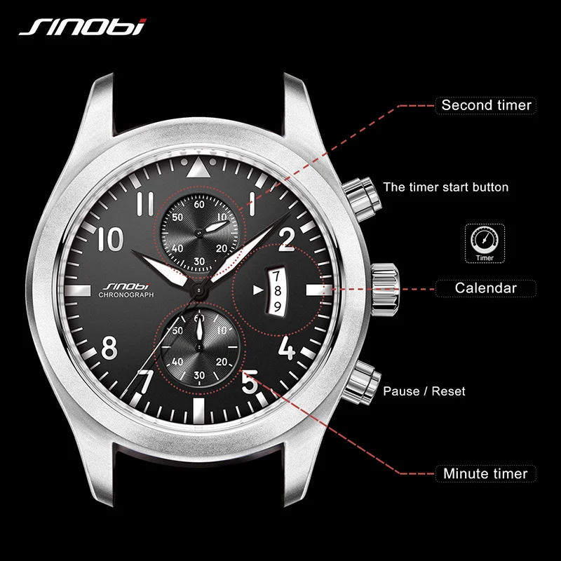 

2018 SINOBI Luxury Brand Male Sports Shock Geneva Quartz Wristwatches Mens Military Chronograph Wrist Watches Date Leather Clock
