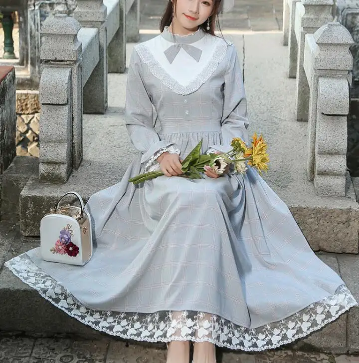 

High Quality Best-selling Retro Fashion 2019 Spring New Arrival Stand Collar Plaid Woman Long Cotton Dress Grey
