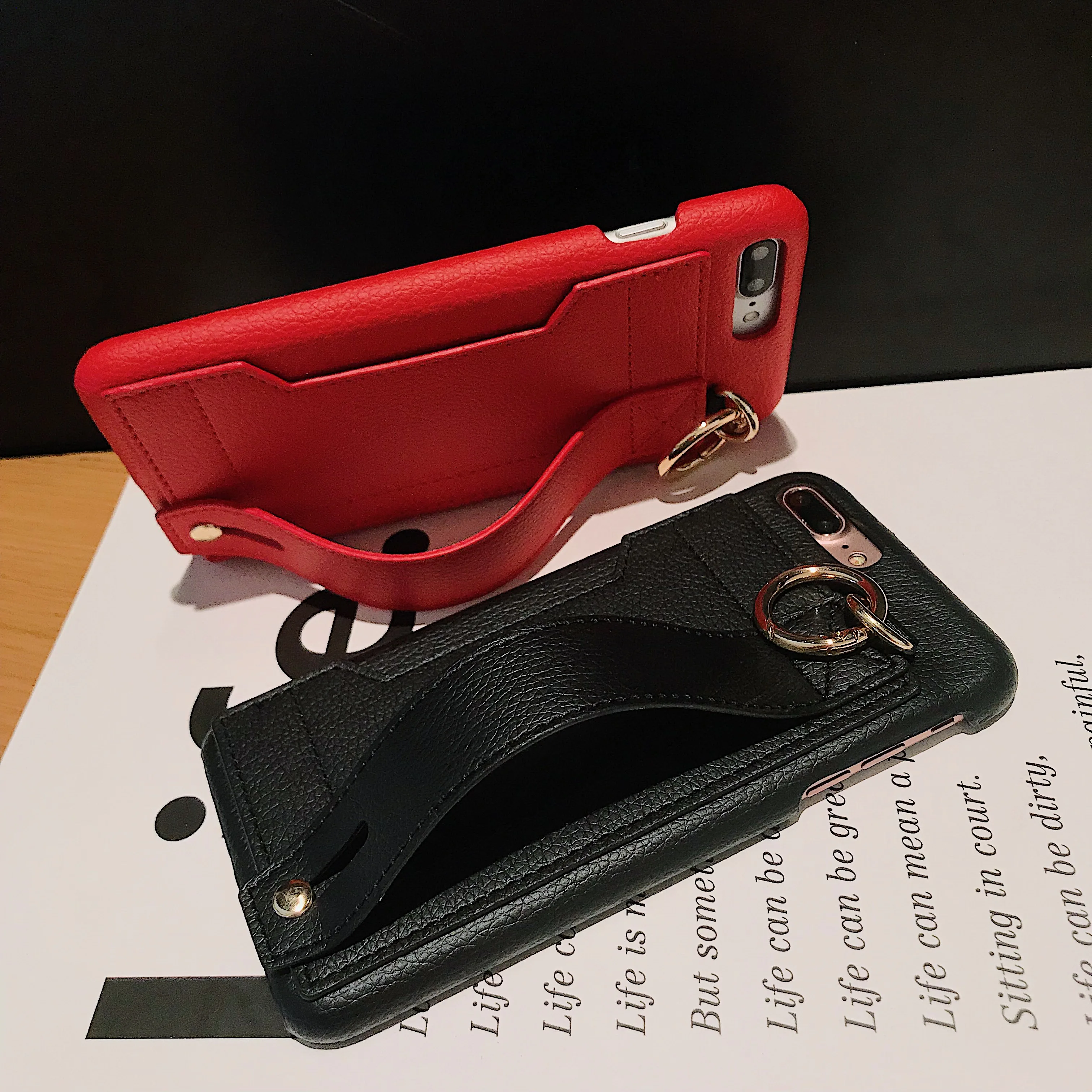 Con la correa de la muñeca de la ranura de la tarjeta para iPhone XS Max Funda de cuero Litchi piel soporte funda Coque para iPhone 8 plus 6 S 6 7 Plus X XR