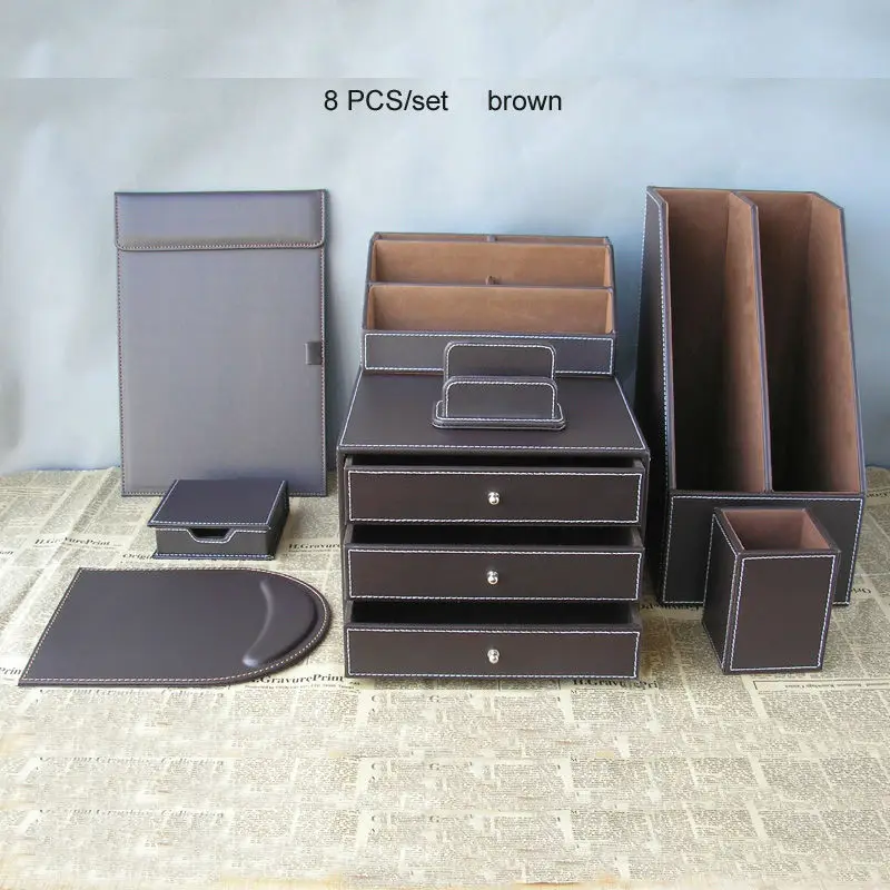 8PCS office business leather desk organizer set file drawer stand holder stationery pen box A4 conference folder card stand K256