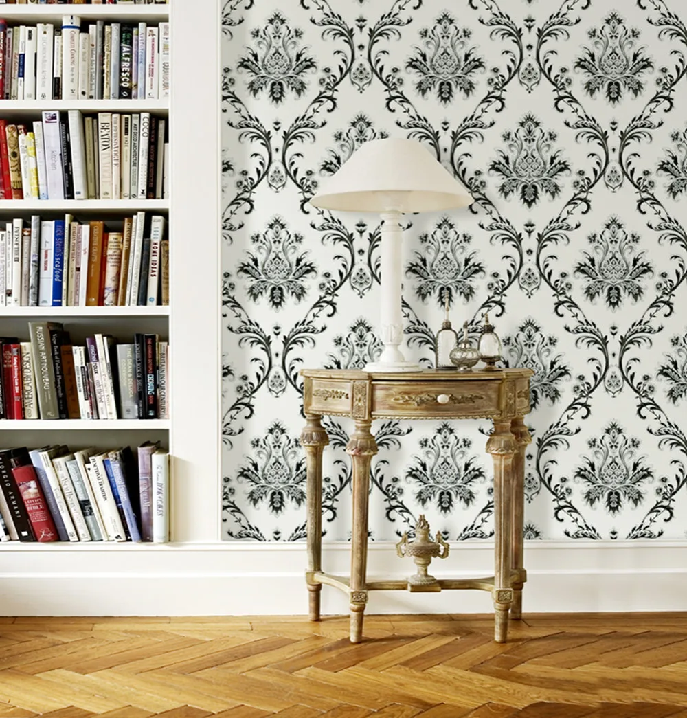 Haokhome Европейский цветочный Дамаск ПВХ обои рулон белый/черный/серебристый/коричневый текстурированная гостиная спальня домашнего искусства украшения