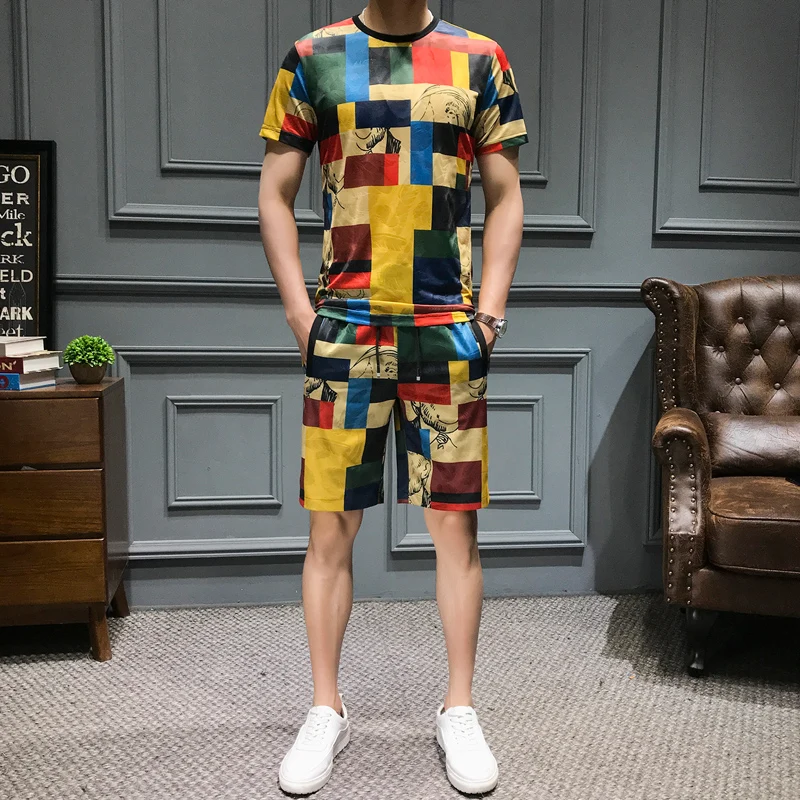 

Loldeal Summer Plaid Stripe Set Men's Party Club Sexy Print Casual T-Shirt Shorts Hip Hop New Products