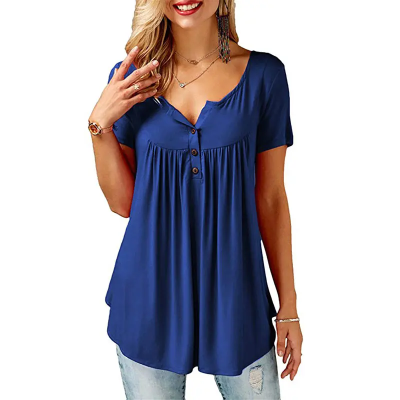 Women'S Summer Casual Short Sleeve T-Shirts Ruffle Button Up Split Neck Blouse Tunic Top Female 2018 Fashion Solid Loose Tees (21)