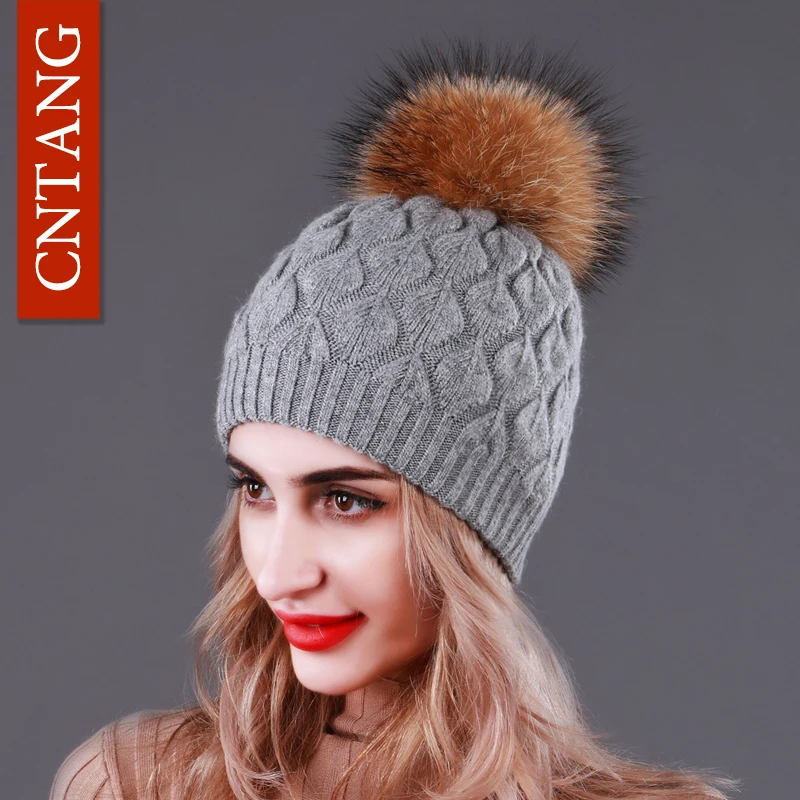 CNTANG Double layer Thick Wool Knitted Hats For Women Natural Raccoon Fur With Pompom Caps Winter Warm Ladies Fashion Beanies