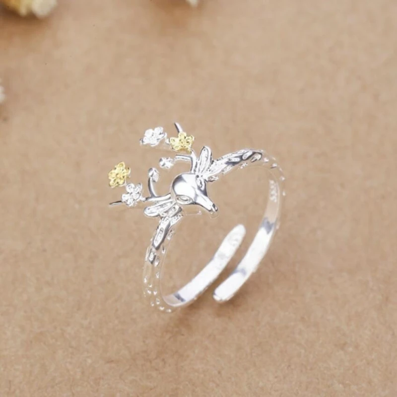 

Antlers Elk Cute 925 Sterling Silver Temperament Personality Fashion Female Trendy Resizable Opening Rings SRI011
