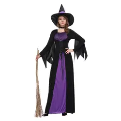 Новый Хэллоуин косплэй костюм ведьмы длинное платье для женщин форма вечерние партии Сценические костюмы для выступления с Neckercheif шапки H9