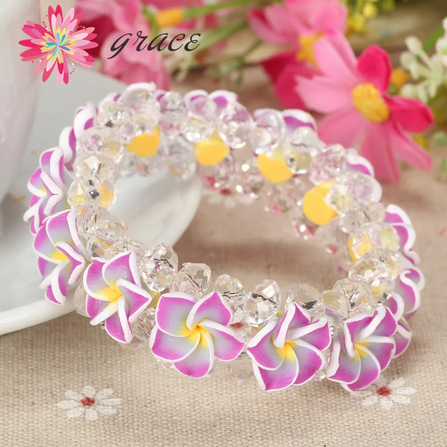 1pc/lot Handmade Beautiful Polymer Clay Fimo Frangipani Plumeria Flower Bracelet For Girls Women Holiday Jewelry Accessories