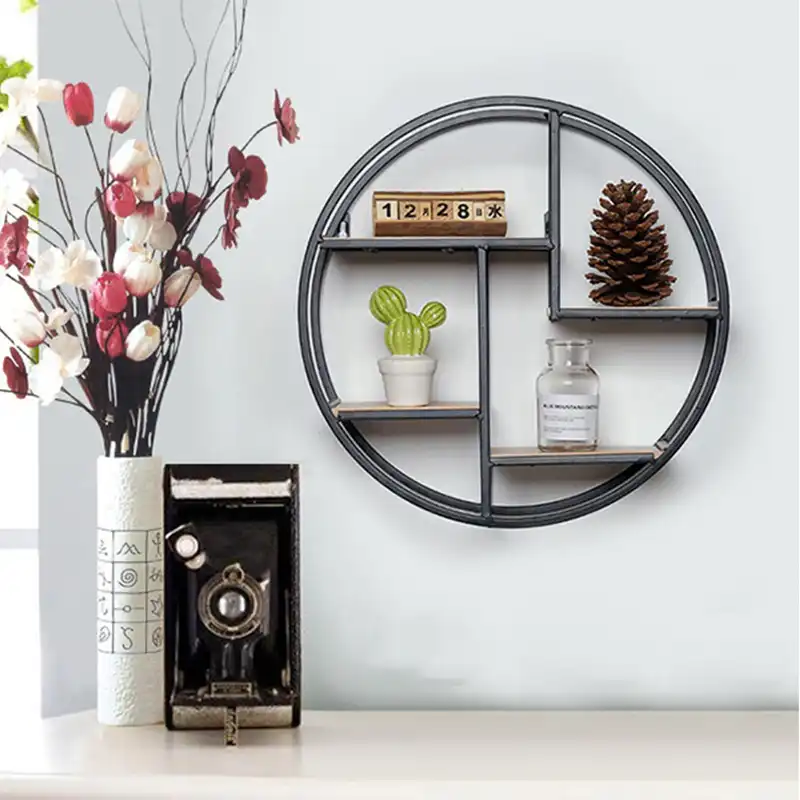 Retro Round Wooden Shelf Metal Wall Hanging Shelf Office Sundries Art Storage Rack Home Wooden Decorative Craft Holder Racks Aliexpress