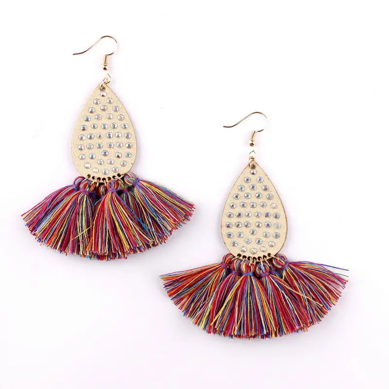 

ZWPON 2019 Pave AB Rhinestone Leather Teardrop Fan Fringe Tassel Earrings for Women Fashion Bohemian Statement Earring Wholesale