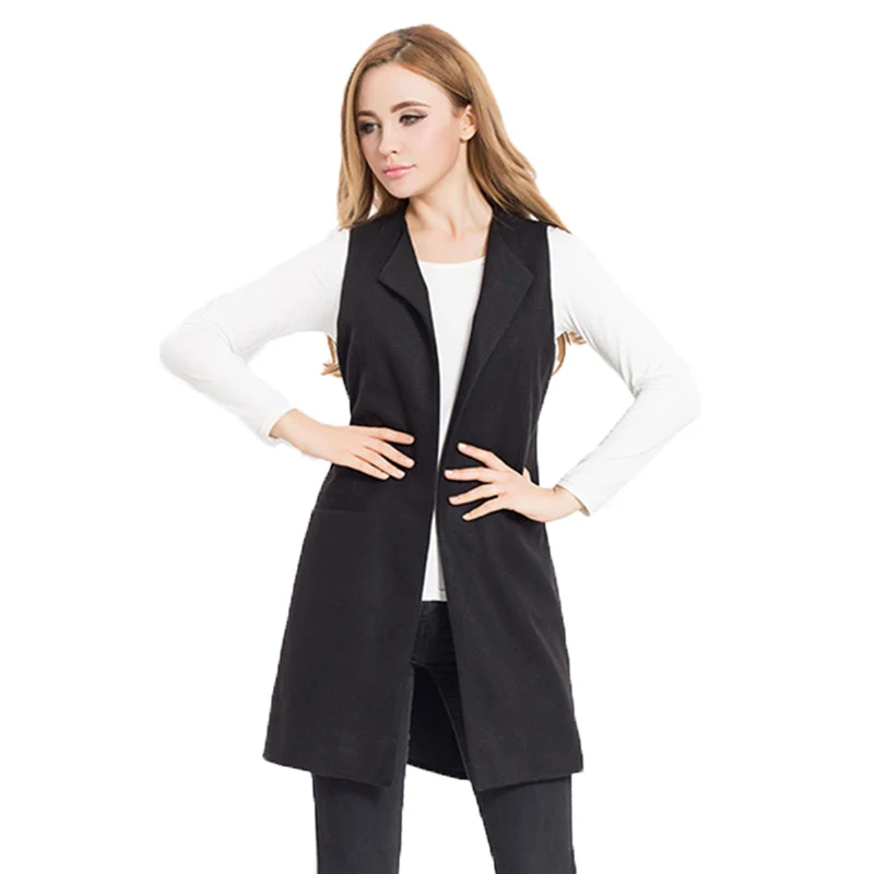 Женское пальто повседневное без рукавов жилет куртка плюс размер осень весна шерсть комбинированный жилет женская офисная одежда длинный жилет Бразилия LH803 - Цвет: black