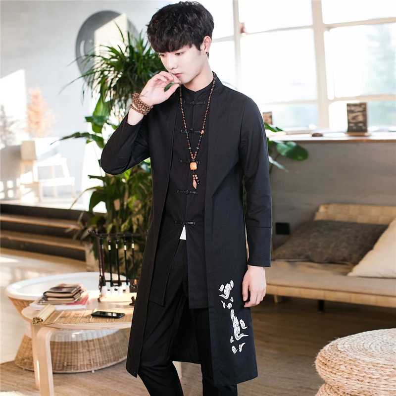  5XL Black Long Jacket Men Chinese Style Coat Mens Fashion Casual Jaqueta Autumn New Style Trench Co