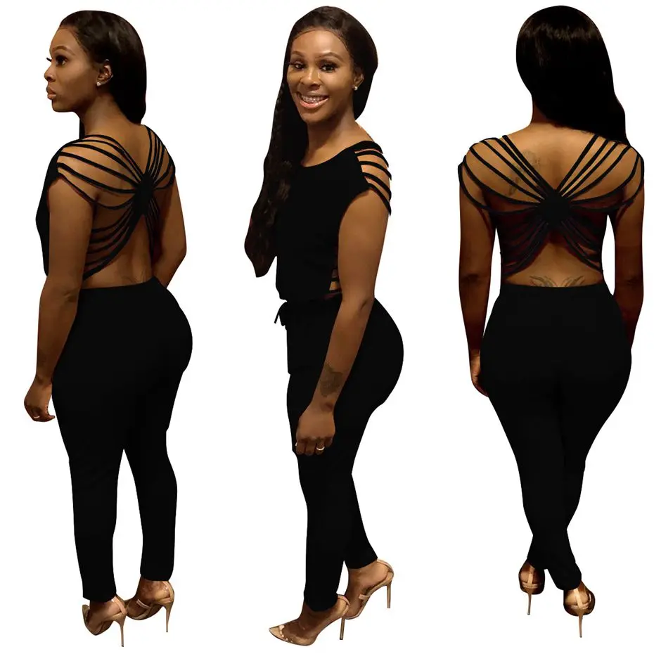 

HAOYUAN Sexy Cross Backless Summer Jumpsuit Streetwear Casual Elastic Waist Spande Bodycon Overalls Rompers Womens Jumpsuit