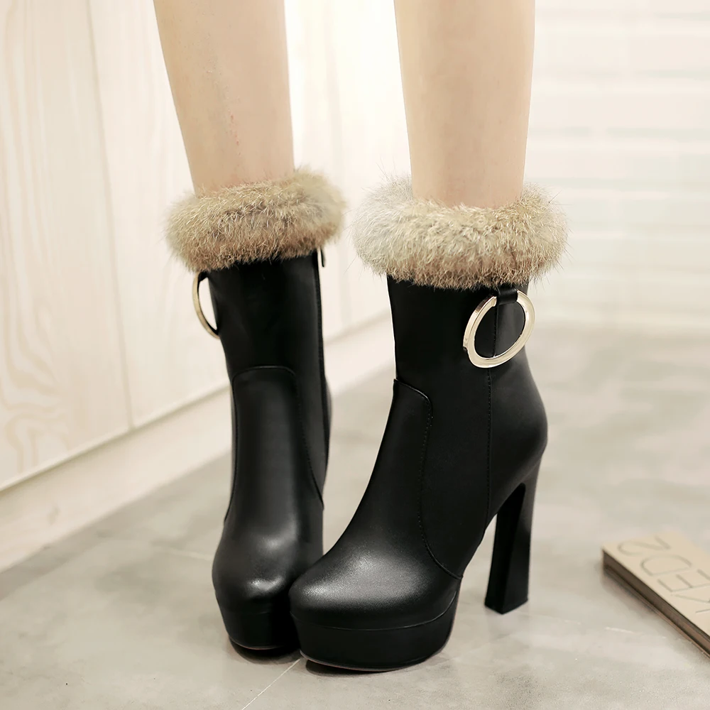 

Super Elegant Women Mid-Calf Boots Round Toe Hoof Heels Boots Beautiful Black White Beige Shoes Woman US Size 3.5-10.5