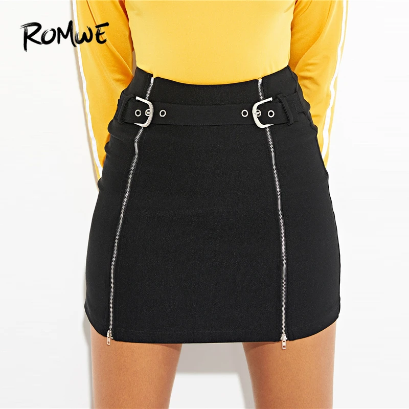 

ROMWE Zip Up Buckle Skirt 2019 Chic Streetwear Mid Waist Black Mini Skirt Designers Summer Above Knee Women Sexy Skirt