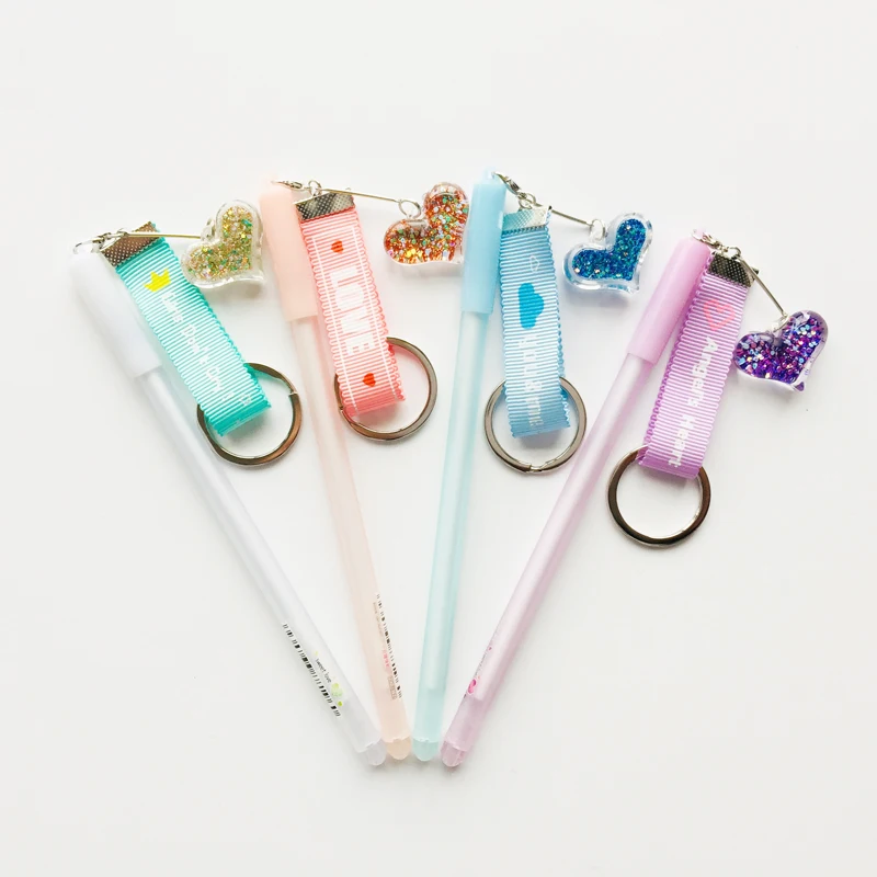 1X 0.5mm Balck Ink Candy Color Ribbon Shiny Heart Pendant Gel Pen