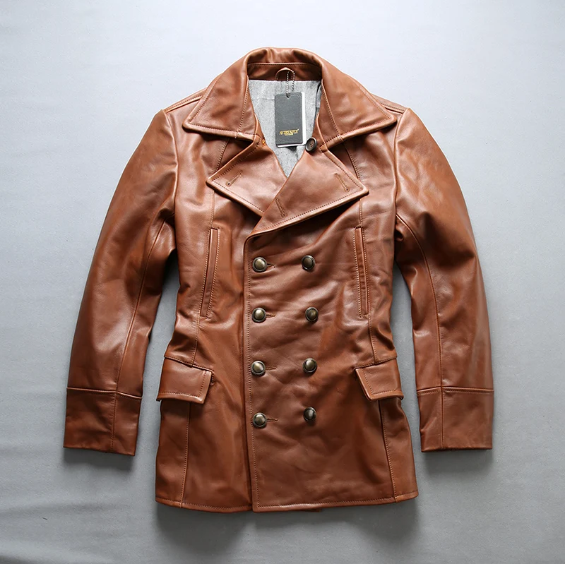Men's genuine leather jacket with double breasted brown color slim fit