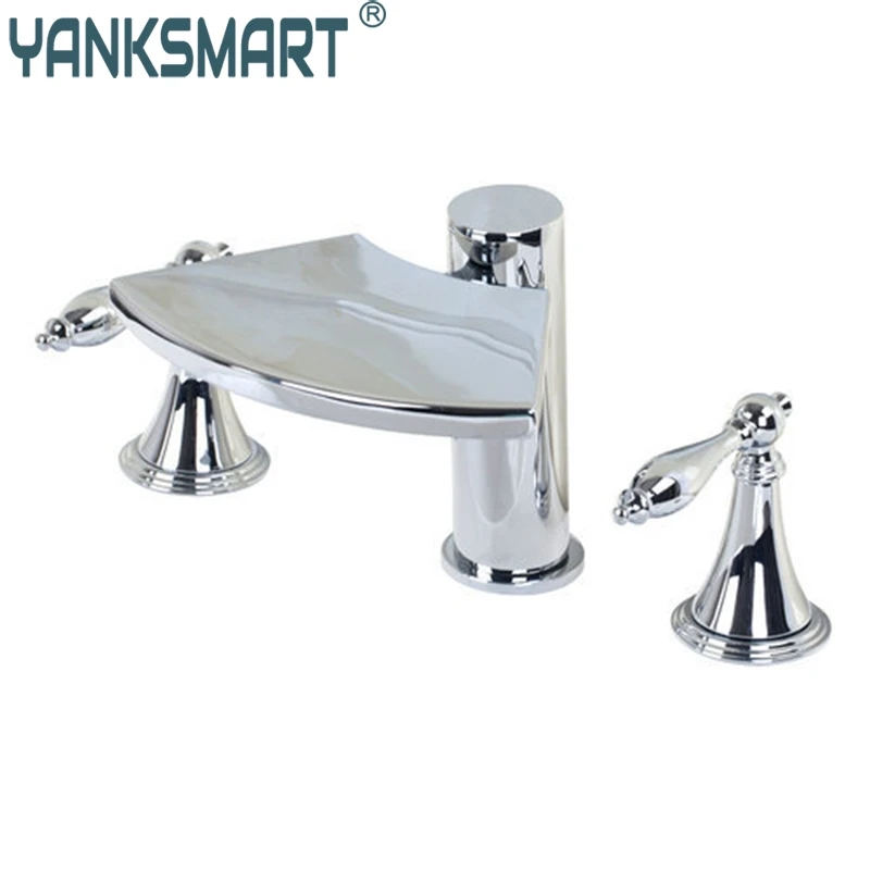 

YANKSMART 32H Waterfall Spout 3 Pieces Double Handles Chrome Deck Mount Shower Bathroom Wash Basin Sink Bathtub Torneira Faucet