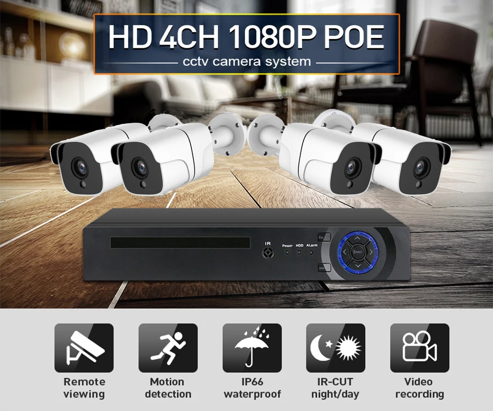 4CH 1080 P POE сетевой видеорегистратор охранная система видеонаблюдения Системы 4 шт. 2.0MP IP Камера ИК P2P наружного видеонаблюдения комплект 1 ТБ HDD