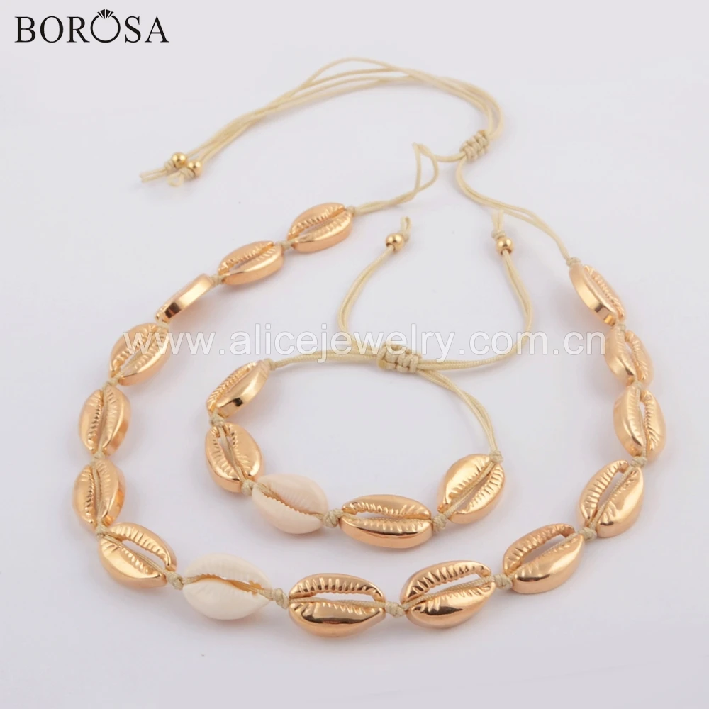 

BOROSA 5Sets Pure Handmade Gold Color Cowrie Shell Natural Seashell Adjustable Bracelet Necklace Jewelry Sets for Summer WX1094